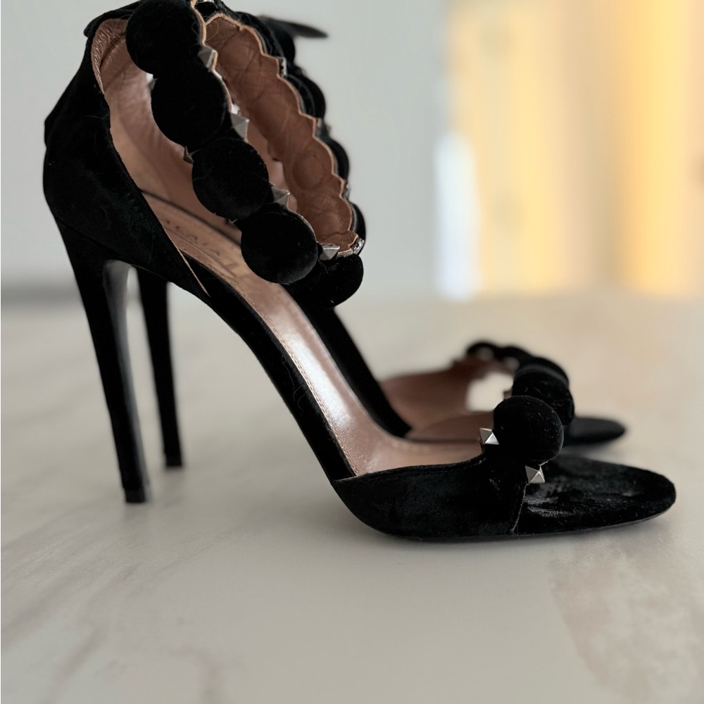 Alaia Black Velvet Heels with Pom Pom Detail